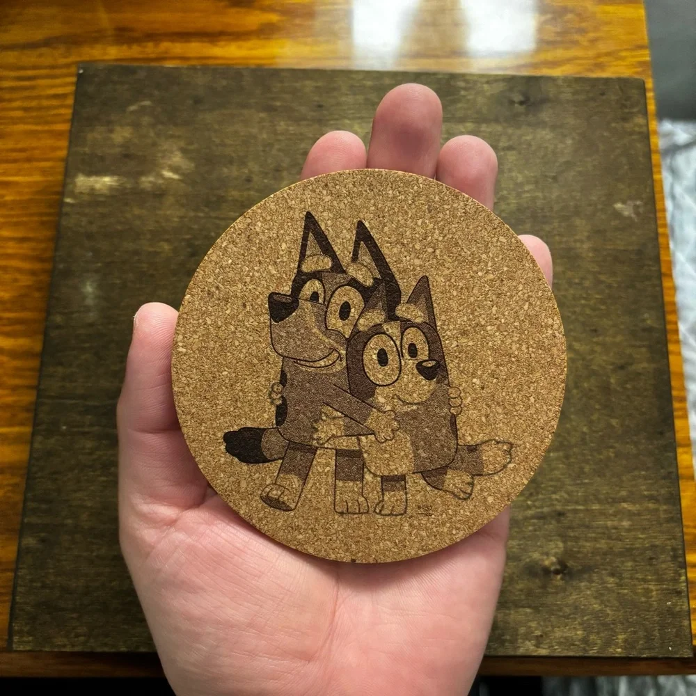 Bluey and Bingo Laser Engraved Cork Coaster